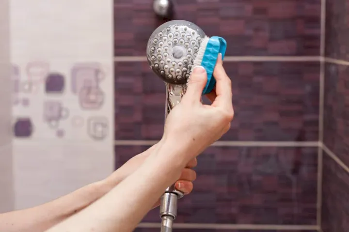 Retire el cabezal de la ducha y límpielo con las manos o con un cepillo de dientes.